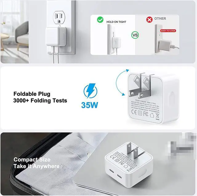 Alt view image 7 of 7 - 35W Dual USB-C Port Compact Power Adapter, DUal Port PD 3.0 GaN Foldable USB Type C Plug Fast Wall Charger Block for i-P-h-o-n-e 13 12 11 14 Pro Max Plus, i-P-a-d, A-i-r-P-o-d-s, M-a-c-B-o-o-k Air