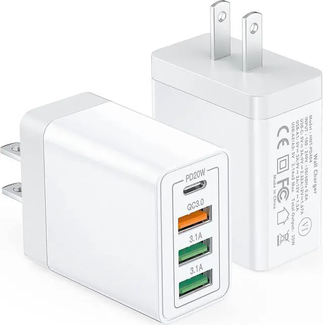 Alt view image 7 of 7 - 35W USB C Wall Charger Block, 2-Pack 4 Port PD+QC Fast Power Adapter, Type C Charging Brick Cube Plug for i-P-h-o-n-e 11/12/13/14/Pro Max, XS/XR/X, Tablet, Android Smartphones (White)