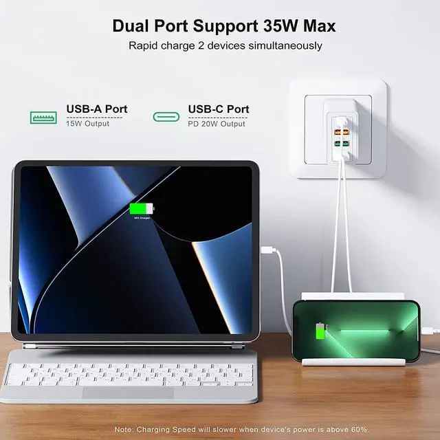Alt view image 3 of 7 - 35W USB C Wall Charger Block, 2-Pack 4 Port PD+QC Fast Power Adapter, Type C Charging Brick Cube Plug for i-P-h-o-n-e 11/12/13/14/Pro Max, XS/XR/X, Tablet, Android Smartphones (White)