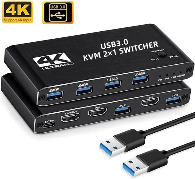 Main image of 4K @60Hz USB 3.0 KVM 2x1 Switch HDMI, 2 in 1 Out HDMI2.0 KVM Switch for for 2 PC Sharing Keyboard and Mouse EDID / HDCP Printer, Support 4K 60Hz HDCP2.3, Hotkey, USB 3.0 Port, HDMI2.0 in/Out Port