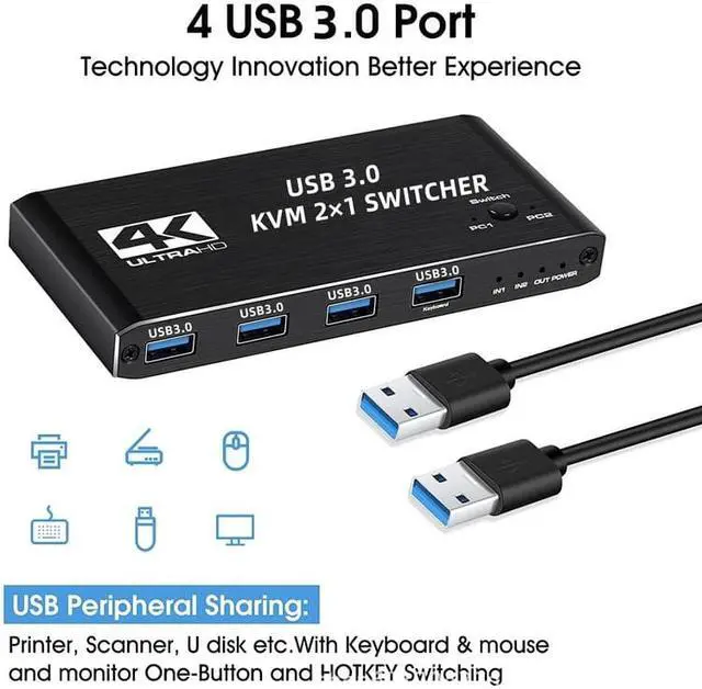 Alt view image 2 of 7 - 4K @60Hz USB 3.0 KVM 2x1 Switch HDMI, 2 in 1 Out HDMI2.0 KVM Switch for for 2 PC Sharing Keyboard and Mouse EDID / HDCP Printer, Support 4K 60Hz HDCP2.3, Hotkey, USB 3.0 Port, HDMI2.0 in/Out Port