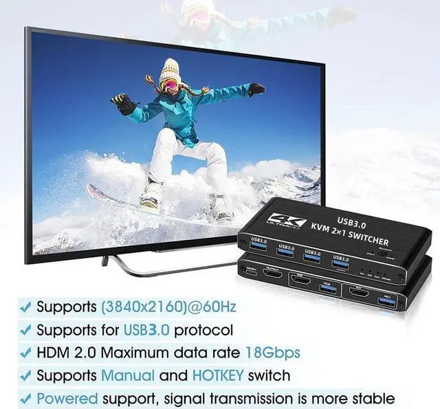 Alt view image 4 of 7 - 4K @60Hz USB 3.0 KVM 2x1 Switch HDMI, 2 in 1 Out HDMI2.0 KVM Switch for for 2 PC Sharing Keyboard and Mouse EDID / HDCP Printer, Support 4K 60Hz HDCP2.3, Hotkey, USB 3.0 Port, HDMI2.0 in/Out Port