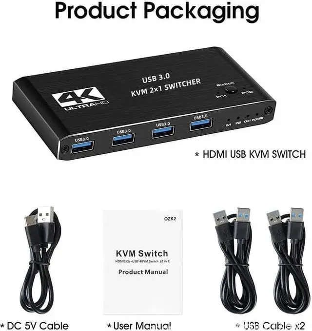Alt view image 7 of 7 - 4K @60Hz USB 3.0 KVM 2x1 Switch HDMI, 2 in 1 Out HDMI2.0 KVM Switch for for 2 PC Sharing Keyboard and Mouse EDID / HDCP Printer, Support 4K 60Hz HDCP2.3, Hotkey, USB 3.0 Port, HDMI2.0 in/Out Port