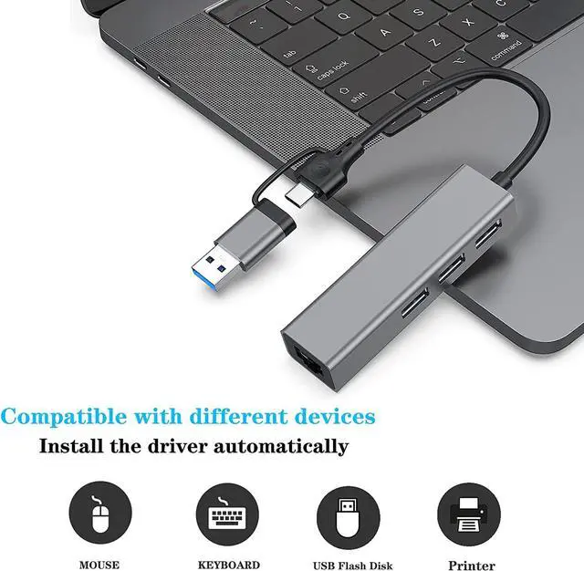 Alt view image 3 of 7 - USB 3.0 & USB C to Ethernet Adapter, USB C to 3-Port USB 3.0 Hub with RJ45 10/100/1000 Gigabit Ethernet Adapter Support Windows 10,8.1,MacOS, Sur-face Pro, Linux, Chrom-e-book and More