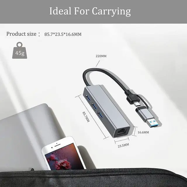 Alt view image 6 of 7 - USB 3.0 & USB C to Ethernet Adapter, USB C to 3-Port USB 3.0 Hub with RJ45 10/100/1000 Gigabit Ethernet Adapter Support Windows 10,8.1,MacOS, Sur-face Pro, Linux, Chrom-e-book and More