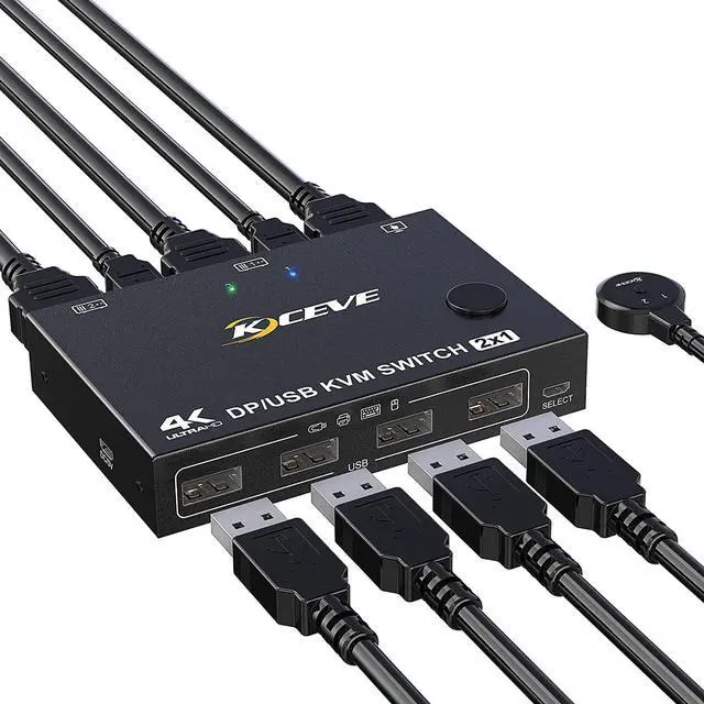 Main image of 2-Port DisplayPort KVM Switch, 2 Port DP1.2 KVM Switch Two Computers One Monitor to Share Mouse,Keyboard,Printer,Scanner Support 4K @60Hz, 2 USB Cables and Wired Controller Included