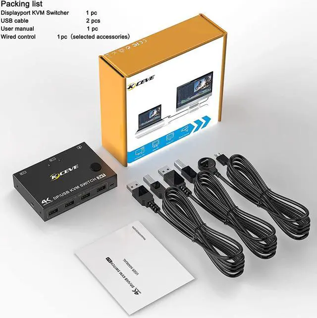 Alt view image 7 of 7 - 2-Port DisplayPort KVM Switch, 2 Port DP1.2 KVM Switch Two Computers One Monitor to Share Mouse,Keyboard,Printer,Scanner Support 4K @60Hz, 2 USB Cables and Wired Controller Included