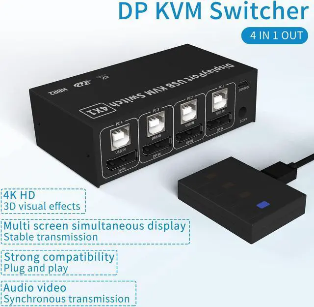Alt view image 6 of 7 - 4 in 1 Out DisplayPort KVM Switch 4x1, 4 Port 4K @60Hz USB and DP Switch for 4 Computers Share Keyboard Mouse Printer Monitor for Laptop,PC, with 4X USB Cable,1x Switch Button Cable,1x Power Cable