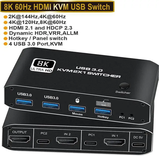 Main image of 2 Port HDMI KVM Switch, 2 in 1 Out 8K USB 3.0 KVM Switch 2x1, HDMI2.1 Ports + 4x USB3.0 KVM Ports, Share 2 Computers one Monitor Switch, Supports 8K 60Hz,4K 120Hz,YUV 4:4:4, HDCP 2.3, H-D-R 10, Hotkey