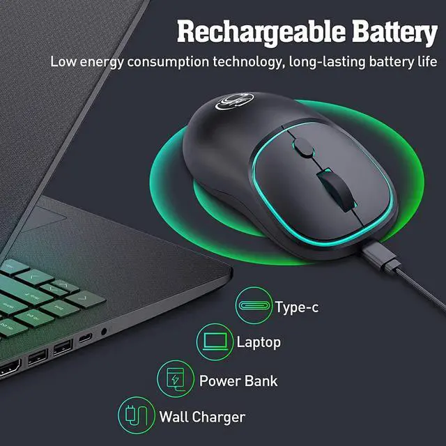 Alt view image 4 of 7 - Rechargeable Wireless Mouse, Silent Computer Mouse, Stable 2.4G Wireless Mice with LED Light, Portable Type-C Port Mouse for Windows, Mac, Laptop, Desktop (Black)