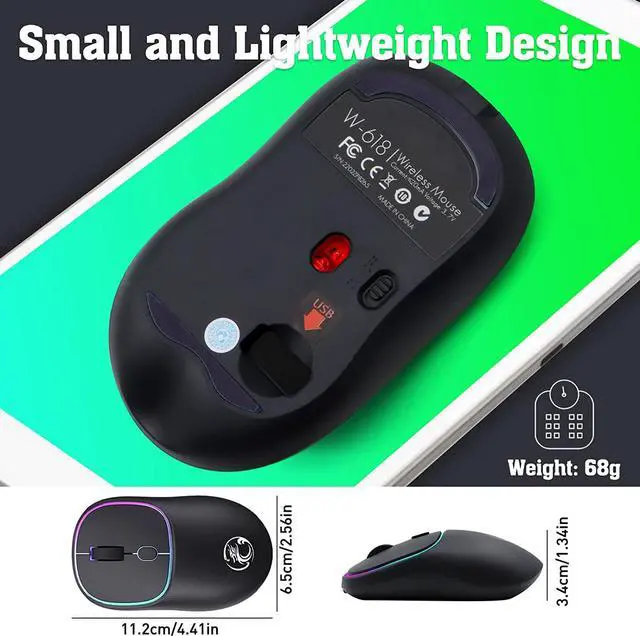 Alt view image 7 of 7 - Rechargeable Wireless Mouse, Silent Computer Mouse, Stable 2.4G Wireless Mice with LED Light, Portable Type-C Port Mouse for Windows, Mac, Laptop, Desktop (Black)