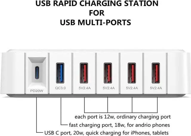 Alt view image 2 of 7 - USB Fast Charging Station USB C Rapid Charger Desktop PD 3.0 & QC 3.0 86W Multi 6 Ports Wall Charger Power Hub Block Compatible with M-a-c-Book Air, i-P-hone 13 14 Pro Max, Ga-laxy,Laptop