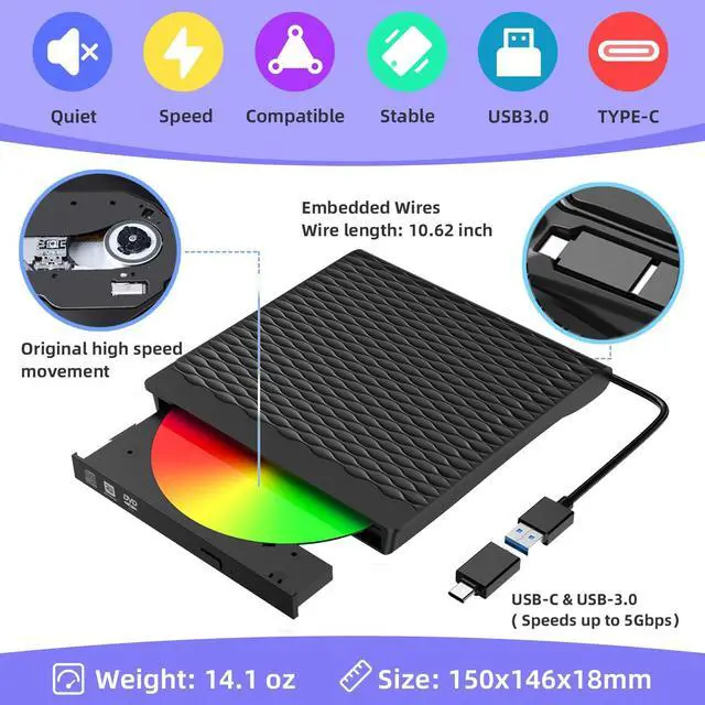 Alt view image 3 of 7 - [New Model] External CD DVD Drive, USB 3.0 Type C External CD/DVD Burner, Portable CD ROM Optical Drive Player Reader Disk Disc with Laptop Desktop PC Windows 11/10/8/7, MacOS, Linux