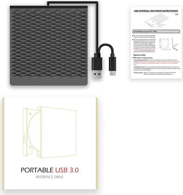 Alt view image 6 of 7 - [New Model] External CD DVD Drive, USB 3.0 Type C External CD/DVD Burner, Portable CD ROM Optical Drive Player Reader Disk Disc with Laptop Desktop PC Windows 11/10/8/7, MacOS, Linux