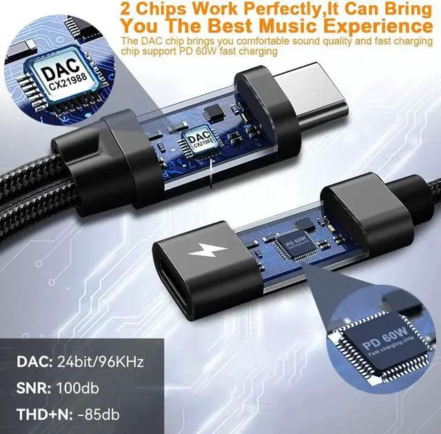Alt view image 3 of 7 - USB c to 3.5mm Headphone and Type C PD 60W Charger Adapter, 2-in-1 USB C PD 3.0 Charging Port to Aux Audio Jack and Fast Charging Dongle Cable Cord Compatible with S21 S20 S20+ Ultra, Pixel 4 3 XL