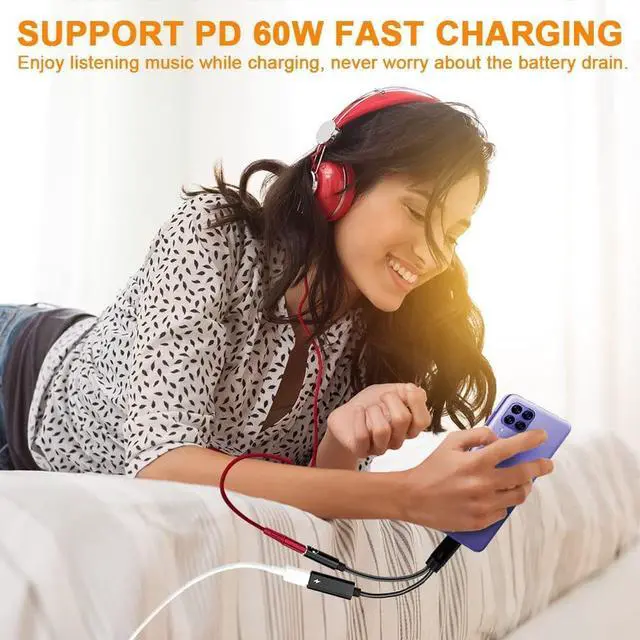 Alt view image 4 of 7 - USB c to 3.5mm Headphone and Type C PD 60W Charger Adapter, 2-in-1 USB C PD 3.0 Charging Port to Aux Audio Jack and Fast Charging Dongle Cable Cord Compatible with S21 S20 S20+ Ultra, Pixel 4 3 XL