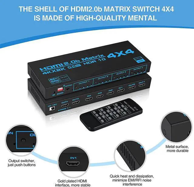 Alt view image 4 of 7 - 4K @60Hz True HDMI Matrix Switch 4x4 with EDID Extractor, 4 in 4 Out HDMI2.0 Matrix 4x2 2x4 4x4 with SPDIF & L/R 3.5mm HDMI-compatible Switch 4x2 Support HDCP 2.2 ARC, YUV 4:4:4