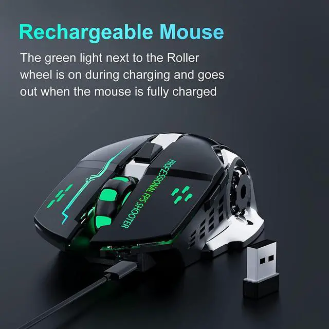 Alt view image 3 of 7 - 2.4G Wireless Gaming Mice, Rechargeable Gaming Mouse Silent Click with 6 Buttons, 3 Adjustable Levels DPI , Colorful LED Lights for Laptop, iPad, MacOS, PC, Windows, Android (Black)