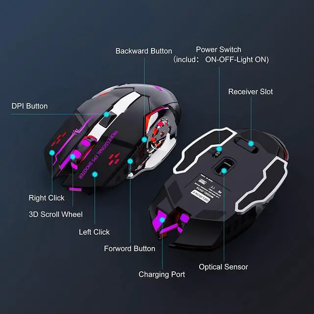 Alt view image 4 of 7 - 2.4G Wireless Gaming Mice, Rechargeable Gaming Mouse Silent Click with 6 Buttons, 3 Adjustable Levels DPI , Colorful LED Lights for Laptop, iPad, MacOS, PC, Windows, Android (Black)