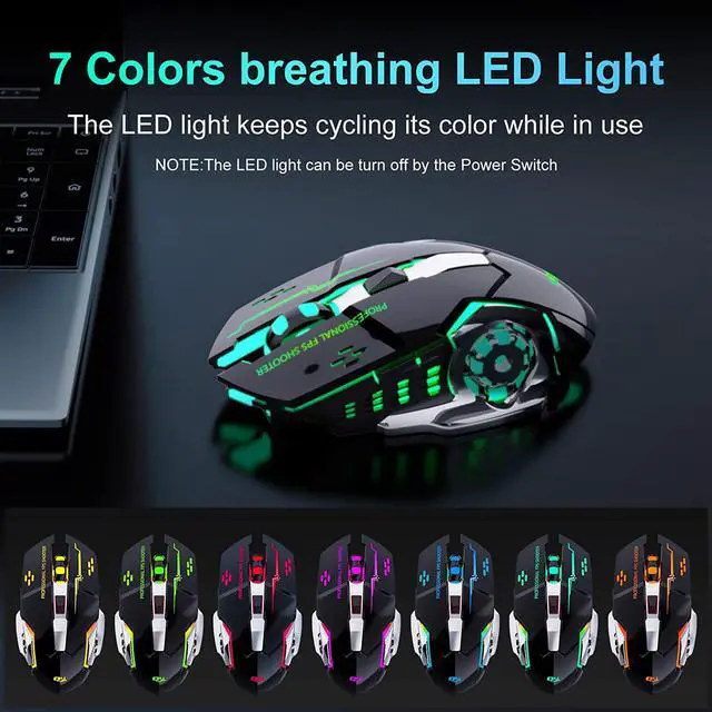 Alt view image 6 of 7 - 2.4G Wireless Gaming Mice, Rechargeable Gaming Mouse Silent Click with 6 Buttons, 3 Adjustable Levels DPI , Colorful LED Lights for Laptop, iPad, MacOS, PC, Windows, Android (Black)