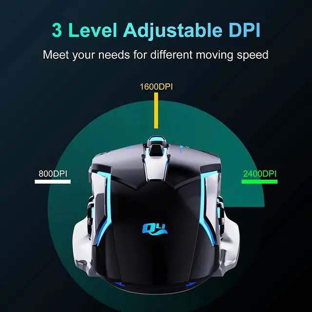 Alt view image 7 of 7 - 2.4G Wireless Gaming Mice, Rechargeable Gaming Mouse Silent Click with 6 Buttons, 3 Adjustable Levels DPI , Colorful LED Lights for Laptop, iPad, MacOS, PC, Windows, Android (Black)