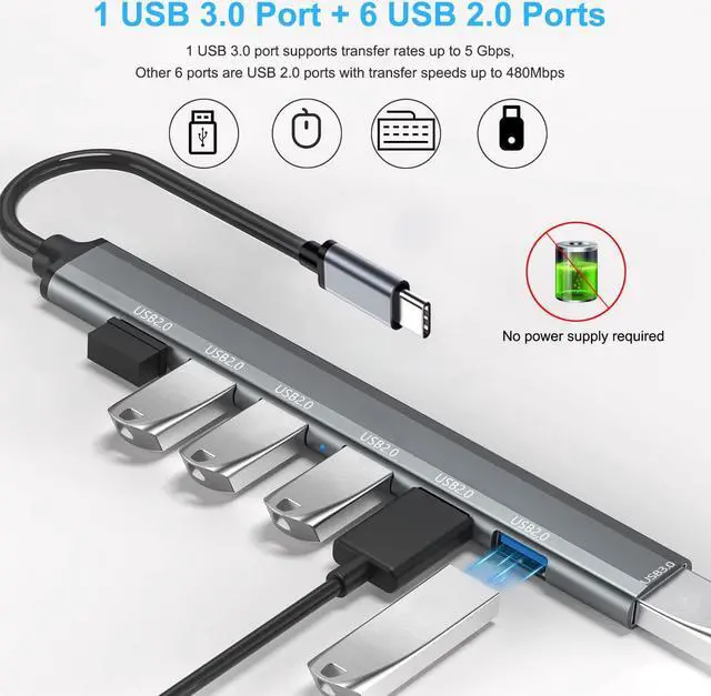 Alt view image 2 of 7 - USB C Hub - Aluminum USB-C Hub (7-Port) to USB Adapter Multiport with USB 3.0 Port and 6 USB 2.0 Ports for M-a-c-B-o-o-k Air/Pro, USB-C Laptops and More USB C Devices