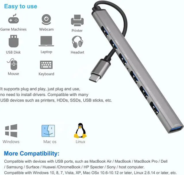 Alt view image 6 of 7 - USB C Hub - Aluminum USB-C Hub (7-Port) to USB Adapter Multiport with USB 3.0 Port and 6 USB 2.0 Ports for M-a-c-B-o-o-k Air/Pro, USB-C Laptops and More USB C Devices