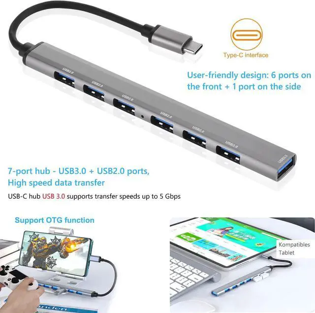 Alt view image 4 of 7 - USB C Hub - Aluminum USB-C Hub (7-Port) to USB Adapter Multiport with USB 3.0 Port and 6 USB 2.0 Ports for M-a-c-B-o-o-k Air/Pro, USB-C Laptops and More USB C Devices
