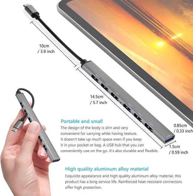 Alt view image 5 of 7 - USB C Hub - Aluminum USB-C Hub (7-Port) to USB Adapter Multiport with USB 3.0 Port and 6 USB 2.0 Ports for M-a-c-B-o-o-k Air/Pro, USB-C Laptops and More USB C Devices