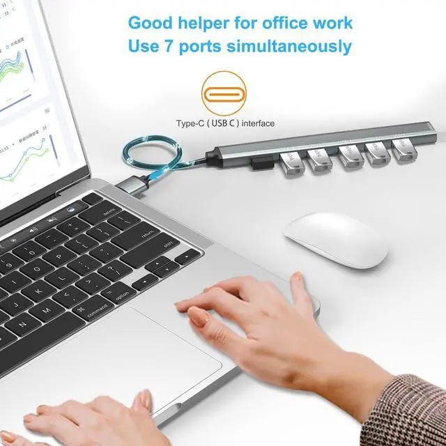 Alt view image 3 of 7 - USB C Hub - Aluminum USB-C Hub (7-Port) to USB Adapter Multiport with USB 3.0 Port and 6 USB 2.0 Ports for M-a-c-B-o-o-k Air/Pro, USB-C Laptops and More USB C Devices