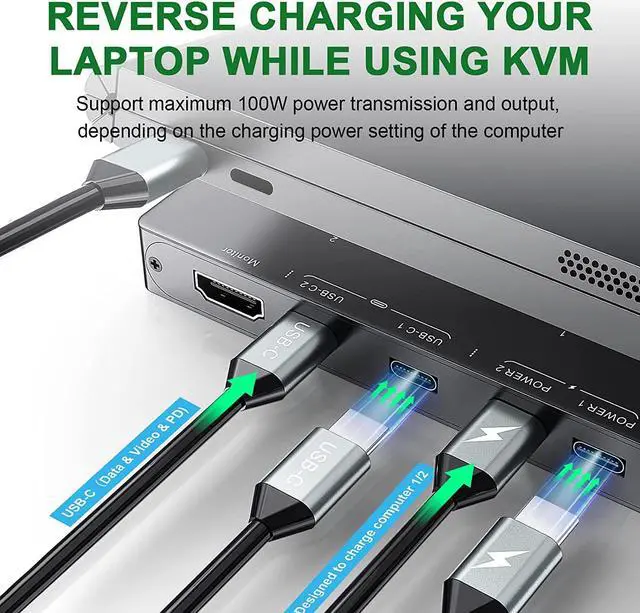 Alt view image 6 of 7 - USB Type-C KVM Switch 4K@60Hz, USB C Switch for 2 Computers Share 1 Monitor and 4 USB Devices, Compatible with Thunderbolt 3, with 100 W Power Delivery Option, Wired Remote and 3 Cables Included
