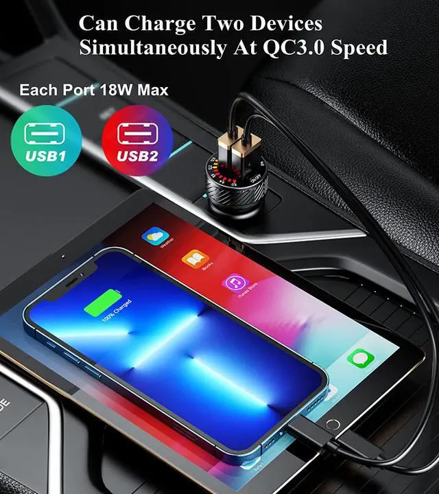 Alt view image 4 of 7 - Car Charger, Dual QC3.0 Port USB Car Charger Adapter, 36W 3A Fast Charge Car Phone Charger with Colorful Voltmeter & ON/Off Switch (Black)