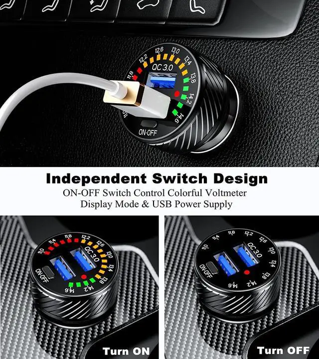 Alt view image 5 of 7 - Car Charger, Dual QC3.0 Port USB Car Charger Adapter, 36W 3A Fast Charge Car Phone Charger with Colorful Voltmeter & ON/Off Switch (Black)