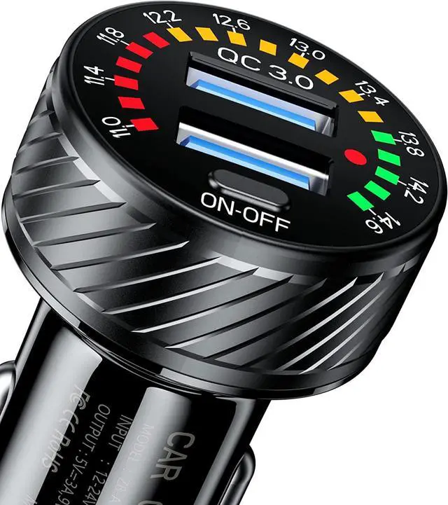 Main image of Car Charger, Dual QC3.0 Port USB Car Charger Adapter, 36W 3A Fast Charge Car Phone Charger with Colorful Voltmeter & ON/Off Switch (Black)