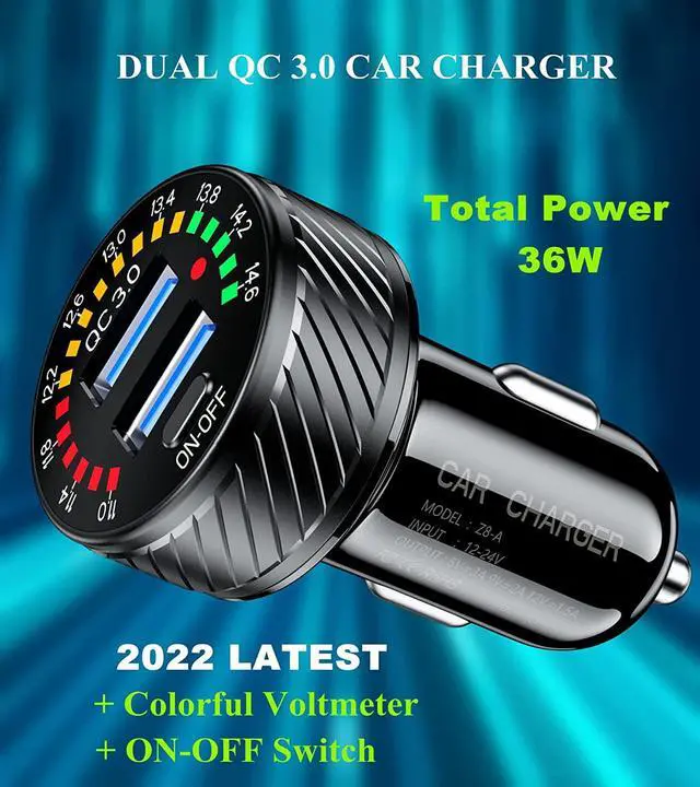 Alt view image 2 of 7 - Car Charger, Dual QC3.0 Port USB Car Charger Adapter, 36W 3A Fast Charge Car Phone Charger with Colorful Voltmeter & ON/Off Switch (Black)