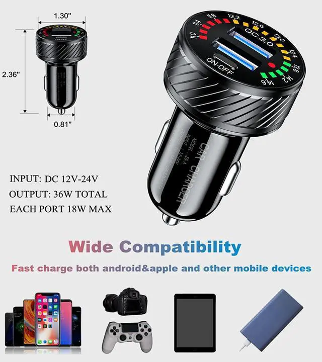 Alt view image 7 of 7 - Car Charger, Dual QC3.0 Port USB Car Charger Adapter, 36W 3A Fast Charge Car Phone Charger with Colorful Voltmeter & ON/Off Switch (Black)