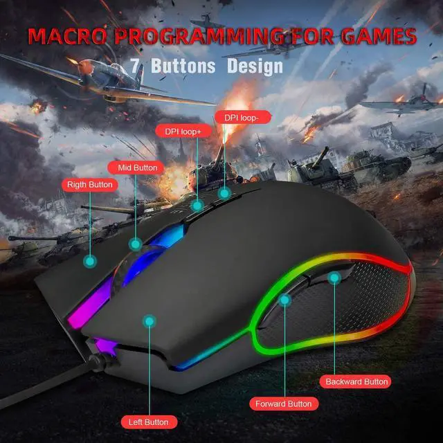 Alt view image 2 of 7 - Wired USB Gaming Mouse, 4 Color LED Backlits Gaming Mouse with 7 Buttons 1200/1600/2400/3200DPI Precise Positioning, Ergonomic USB Gaming Mice for Windows 7/8/10/2000/XP/Vista MacOS