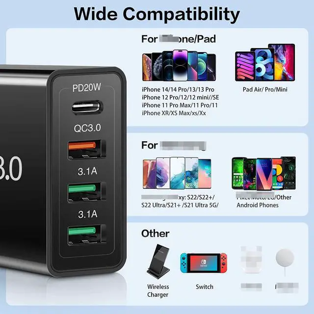 Alt view image 4 of 7 - [3 Pack 4-Port] USB C QC 3.0 Charger 35W Fast Charging Block Upgraded USB Wall Charger with Fast Power Adapter Compatible for IOS Android Smartphones Tablet PC....
