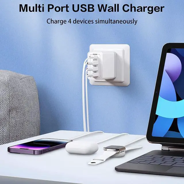 Alt view image 2 of 7 - [3 Pack 4-Port] USB C QC 3.0 Charger 35W Fast Charging Block Upgraded USB Wall Charger with Fast Power Adapter Compatible for IOS Android Smartphones Tablet PC.... (White)