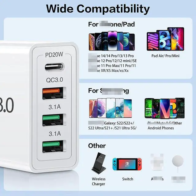 Alt view image 4 of 7 - [3 Pack 4-Port] USB C QC 3.0 Charger 35W Fast Charging Block Upgraded USB Wall Charger with Fast Power Adapter Compatible for IOS Android Smartphones Tablet PC.... (White)