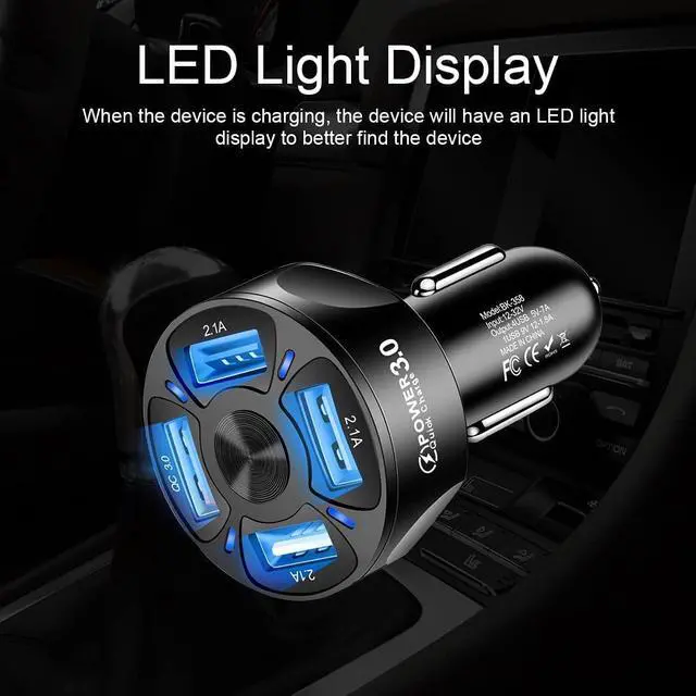 Alt view image 3 of 7 - 4-Port Fast USB Charging with QC 3.0 Car Charger, 35W USB Car Charger Cigarette Lighter Adaptor with Blue LED for IOS Android Smartphones