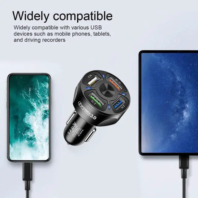 Alt view image 6 of 7 - 4-Port Fast USB Charging with QC 3.0 Car Charger, 35W USB Car Charger Cigarette Lighter Adaptor with Blue LED for IOS Android Smartphones