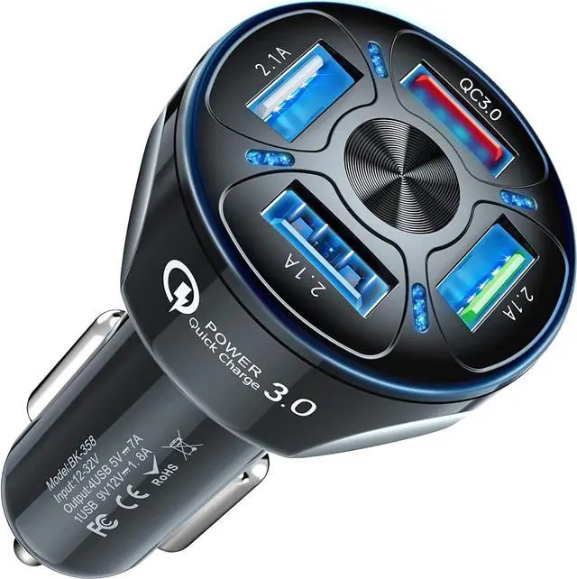 Main image of 4-Port Fast USB Charging with QC 3.0 Car Charger, 35W USB Car Charger Cigarette Lighter Adaptor with Blue LED for IOS Android Smartphones