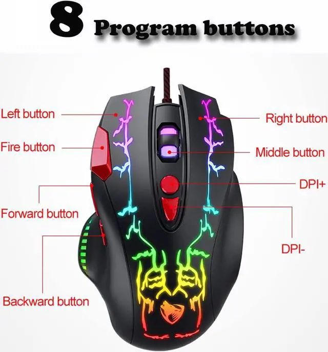 Alt view image 6 of 7 - USB Wired Gaming Mouse, USB Optical Computer Mice, Up to 6400 DPI, 8 Programmable Buttons, 4 Color LED Backlight, Ergonomic Mouse for Desktop PC Laptop Gamer & Work (Star Black)