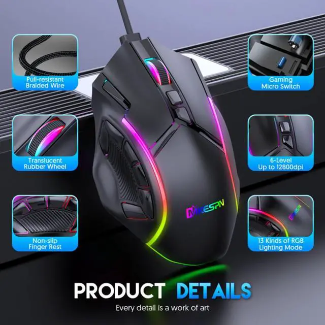 Alt view image 6 of 7 - USB Wired Gaming Mouse, PC Computer Mice USB Mouse with 13 RGB LED Modes, High-Precision 12800 DPI Adjustable, 12 Programmable Buttons, Ergonomic Optical Mouse for Windows PC Mac Laptop Gamer