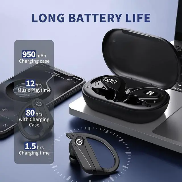 Alt view image 2 of 7 - Ture Wireless Earbuds Bluetooth Ear Buds with Mic, 72H Wireless Headphones Bluetooth 5.3 Sport Earbuds Digital LED Display, IPX7 Waterproof Over Ear Earphones with Hooks for Sports Running Workout Gym