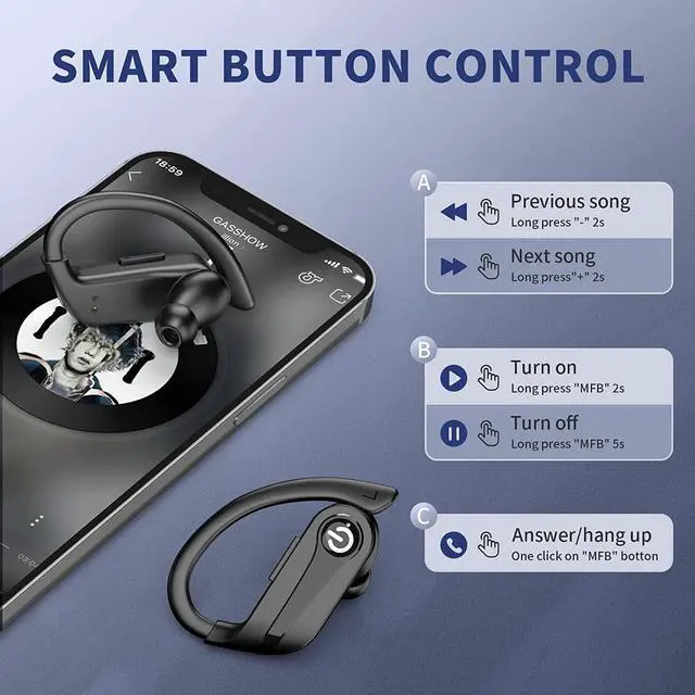 Alt view image 6 of 7 - Ture Wireless Earbuds Bluetooth Ear Buds with Mic, 72H Wireless Headphones Bluetooth 5.3 Sport Earbuds Digital LED Display, IPX7 Waterproof Over Ear Earphones with Hooks for Sports Running Workout Gym