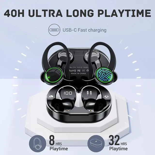 Alt view image 3 of 7 - Ture Wireless Earbuds, Bluetooth 5.3 Earphones Stereo Noise Cancelling Headphones with Mic, 40H Dual LED Touch Control Wireless Earbuds with Earhook, IP7 Waterproof Headset, Sport/Running/Gym