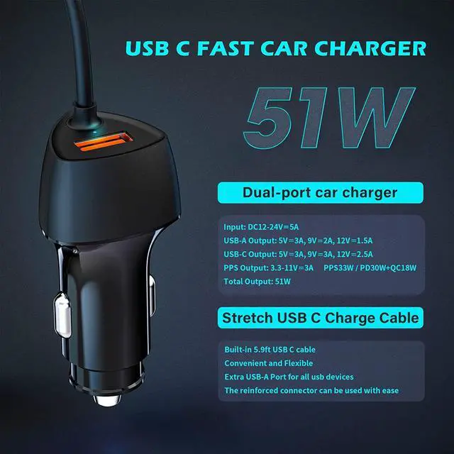 Alt view image 2 of 7 - USB C Fast Car Charger 51W Dual Ports, Built-in 5.9FT Type C Phone Charger Cable, USB-C Port Charger with PPS 33W/PD 30W/&QC 18W, Compatible with IOS Android SMartphones