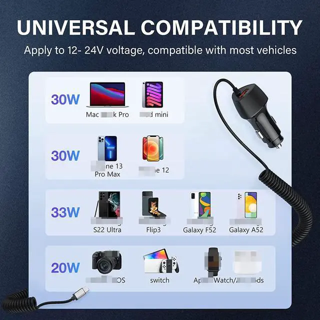Alt view image 3 of 7 - USB C Fast Car Charger 51W Dual Ports, Built-in 5.9FT Type C Phone Charger Cable, USB-C Port Charger with PPS 33W/PD 30W/&QC 18W, Compatible with IOS Android SMartphones